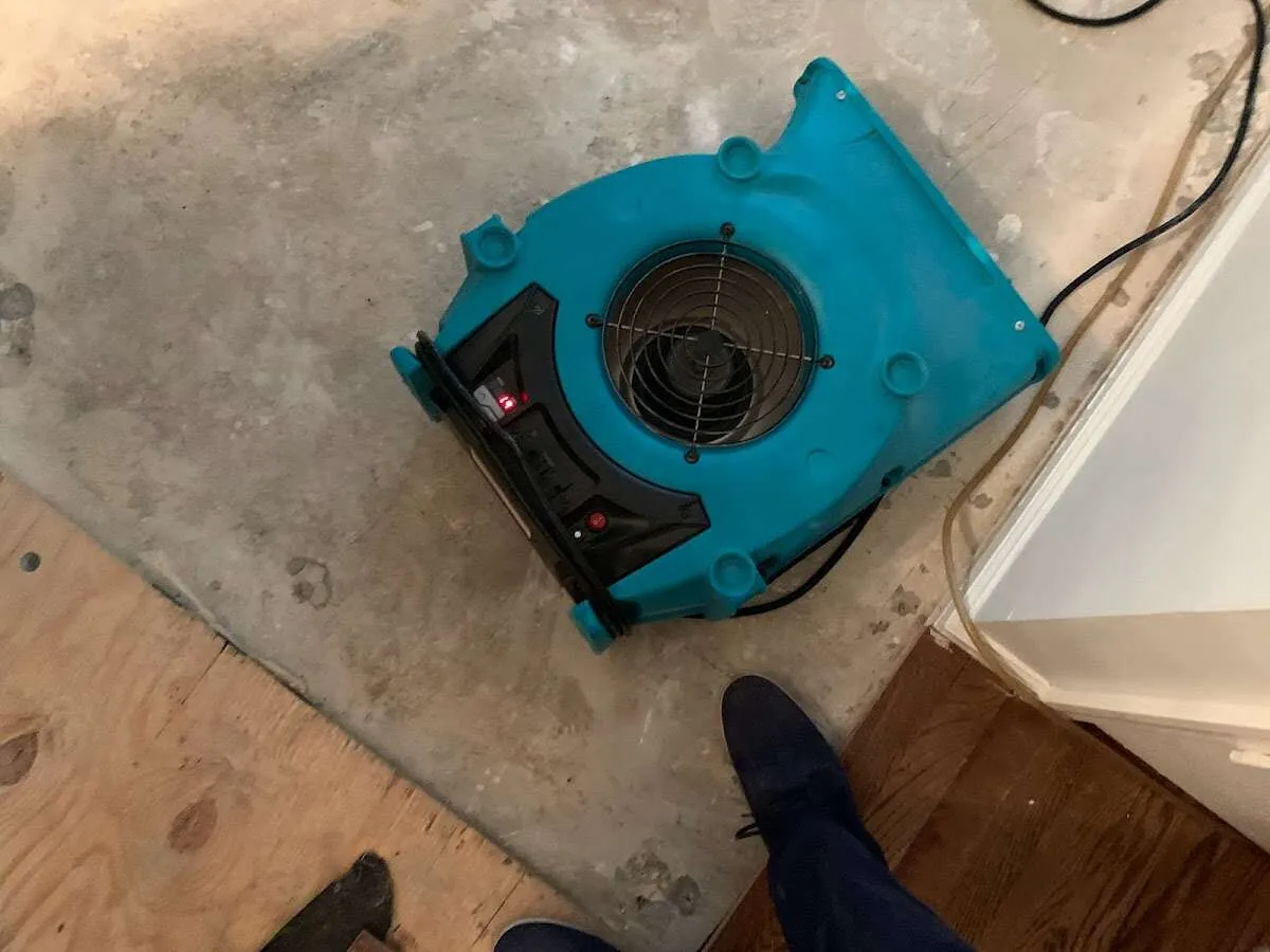 Air mover drying subfloor during Commercial Water Damage Restoration in Mount Healthy